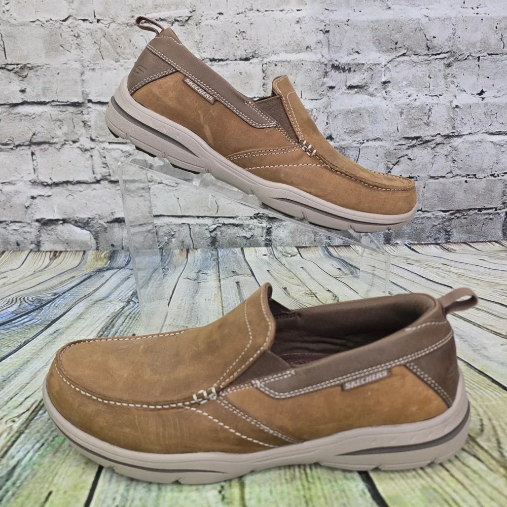 Skechers Relaxed Fit Loafers Mens 8 Brown Leather Memory Foam Slip On Dad Shoes